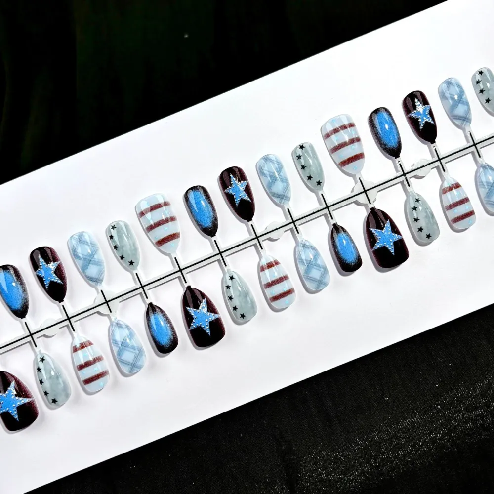 Nailhour 30Pcs Y2K Blue Vintage Short Almond Press On Nails