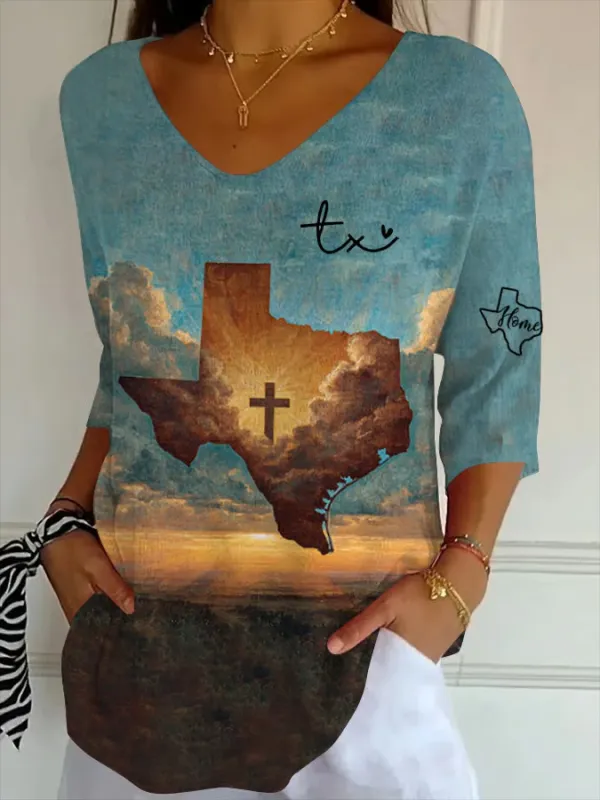 Women's God Bless Texas Print V-Neck T-Shirt