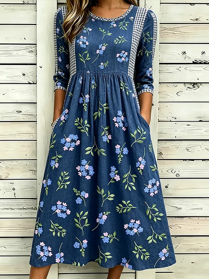 Women's Casual Linen Dress With Floral Pattern And Plaid Design