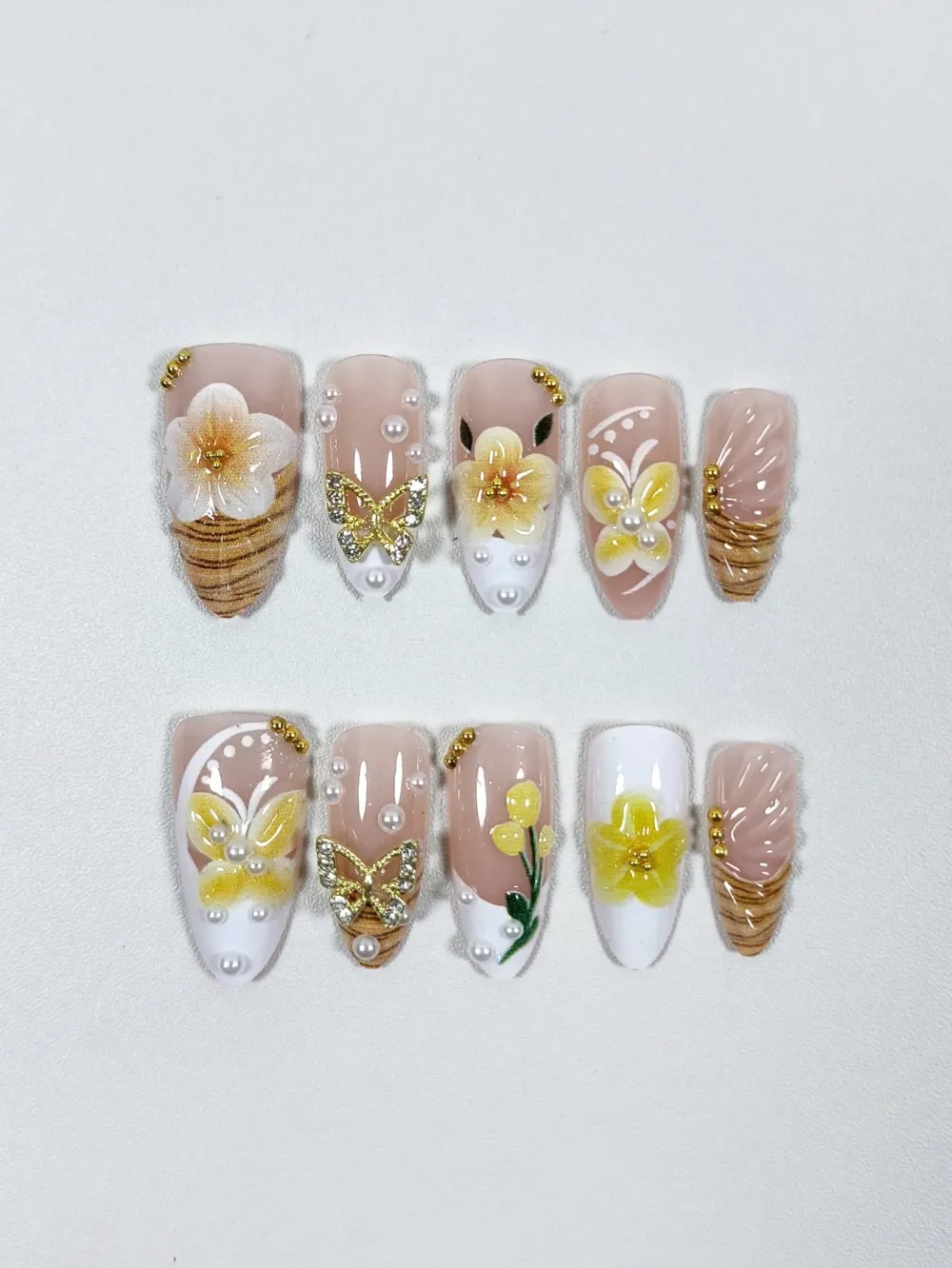 Nailhour 3D Resin Yellow Flower Petal, Butterfly, Wave French Faux Pearl 24Pcs Press On Nails