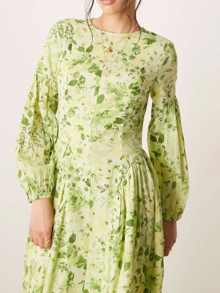 Plant Print Crew Neck Maxi Dress