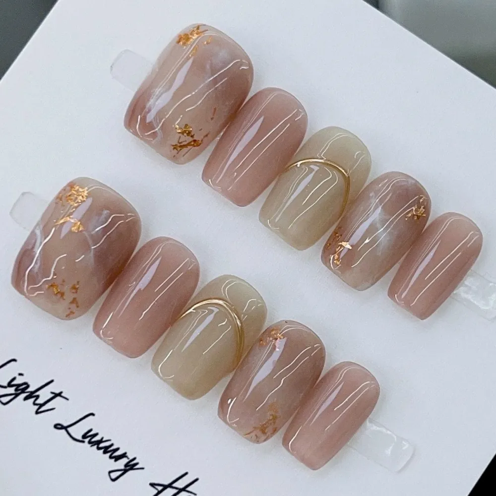 Nailhour 10Pcs Gilded 3D Multicolor Autumn Short Square Press On Nails