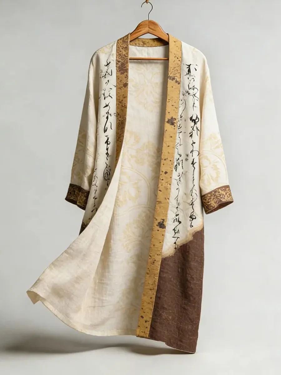 Japanese Calligraphy Colorblock Flowy Linen Long Kimono