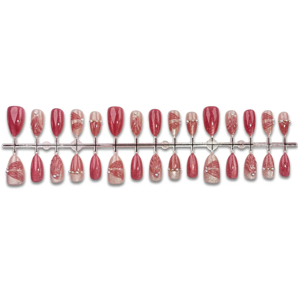 Nailhour 30Pcs 3D Pink Cat Eye Rhinestone Medium Almond Press On Nails