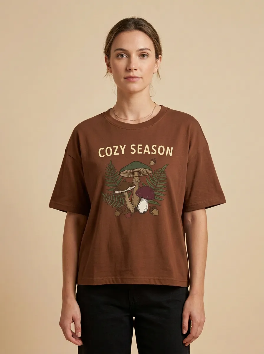 Botanical Mushroom Fern Printed Women's Graphic T-Shirt