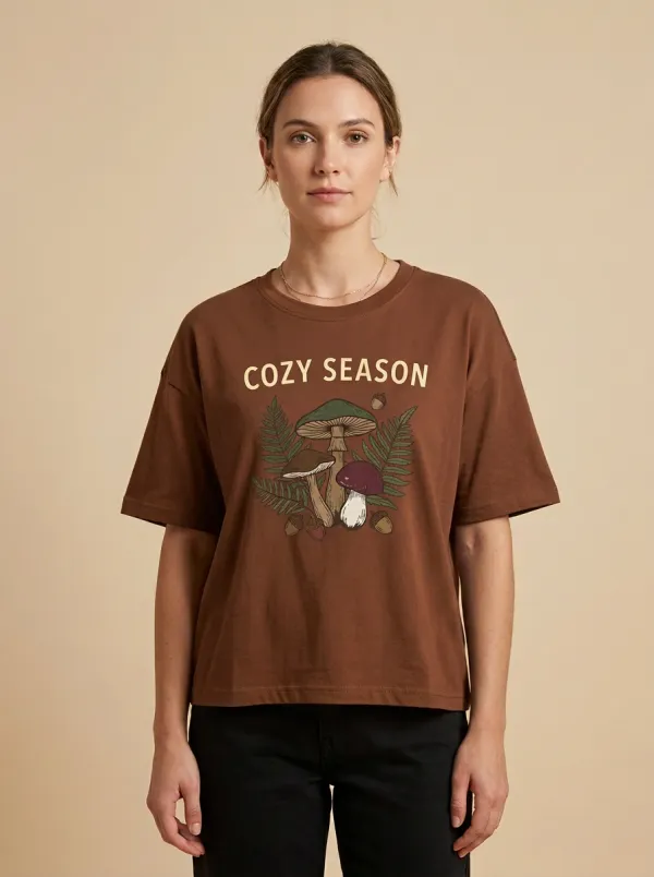 Botanical Mushroom Fern Printed Women's Graphic T-Shirt