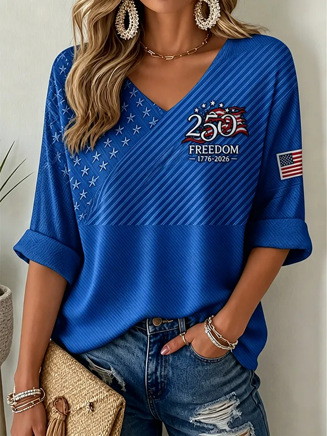 Women's American Flag Printed Casual Waffle Long Sleeve T-shirt