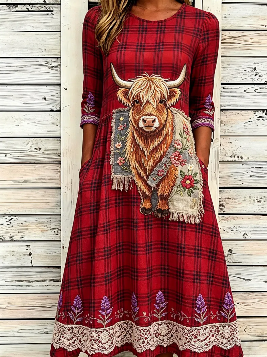 Scottish Highland Cow Patchwork Art Women's Cotton-Linen Maxi Dress