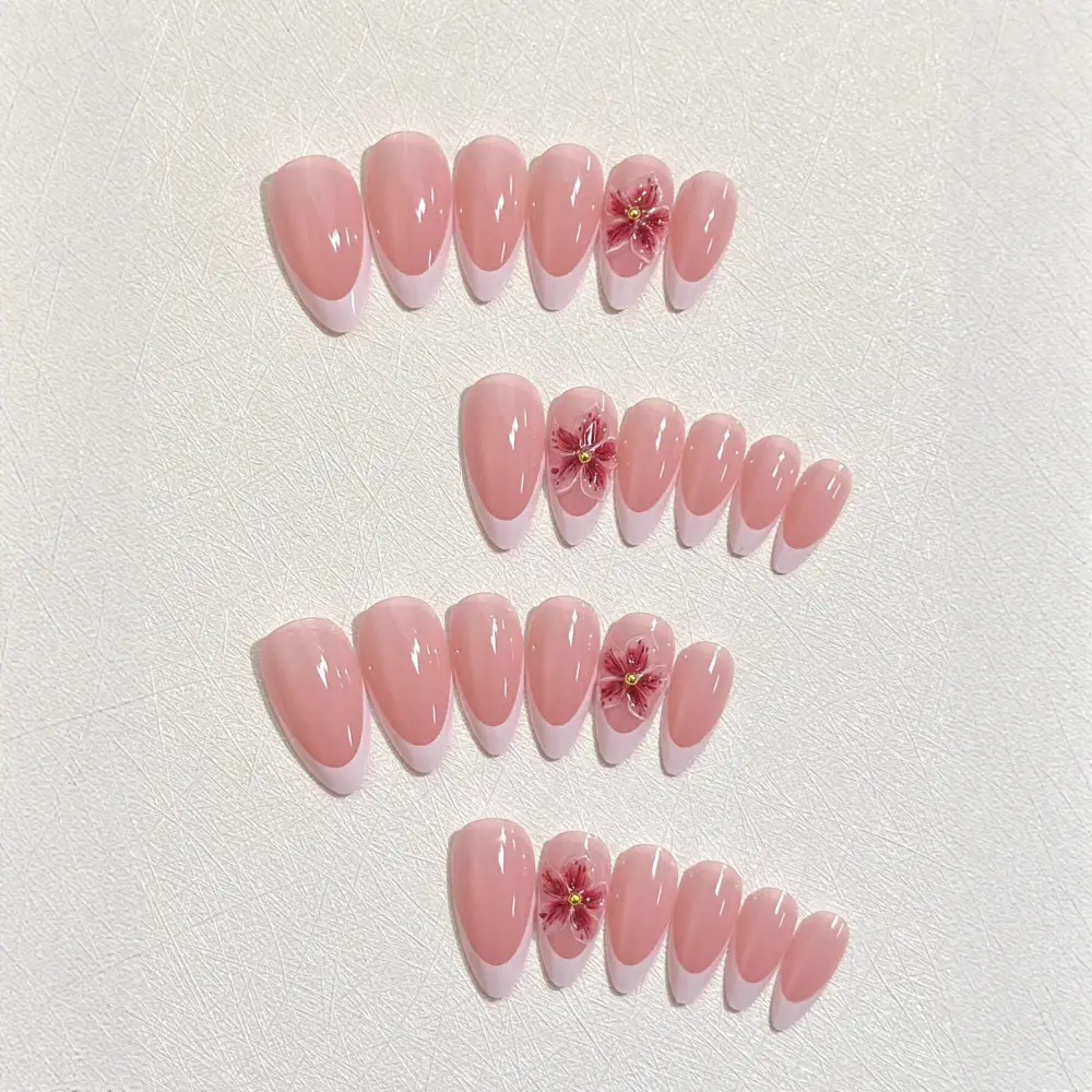 Nailhour 24Pcs French Long Almond 3D Floral Press On Nails