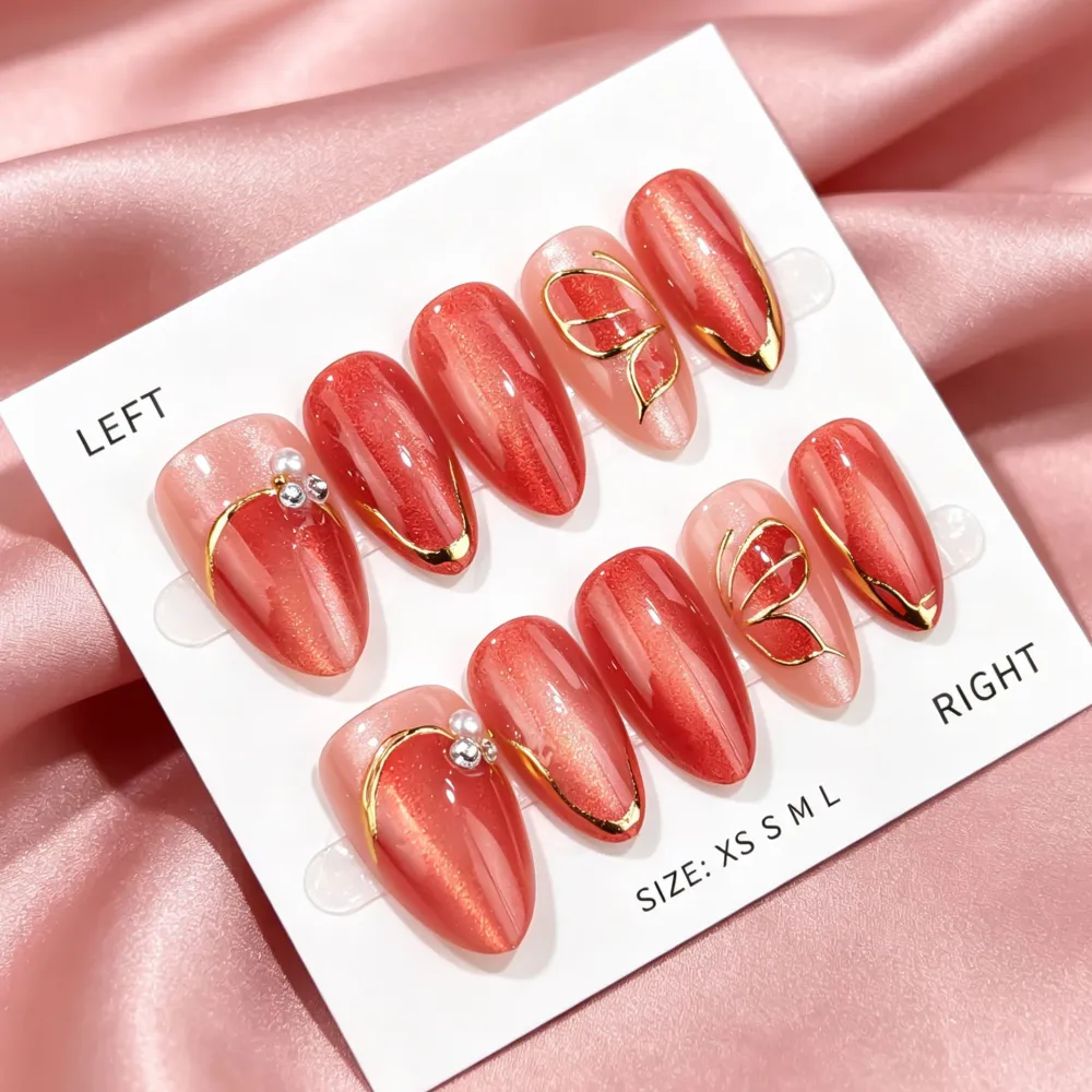 Nailhour 30Pcs Cat Eye Gilded French Medium Almond Press On Nails