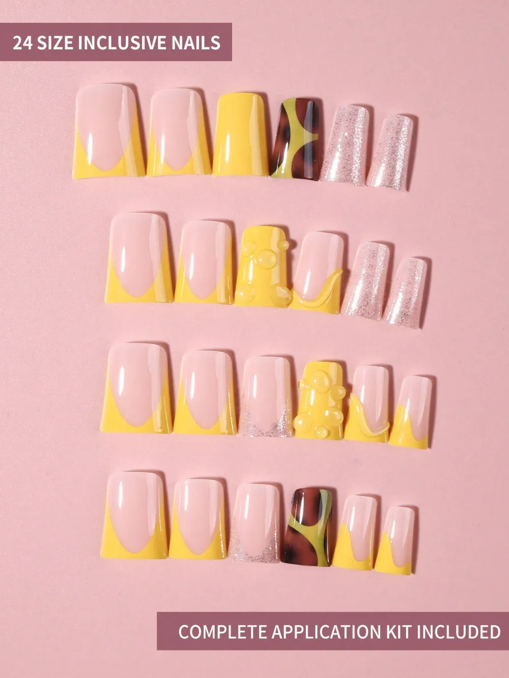 Nailhour 24Pcs Y2K 3D Style Long Duck French Yellow Press On Nails