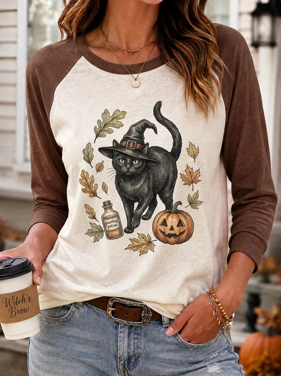 Women's Halloween Cat Witch Pumpkin Potion Printed T-shirt