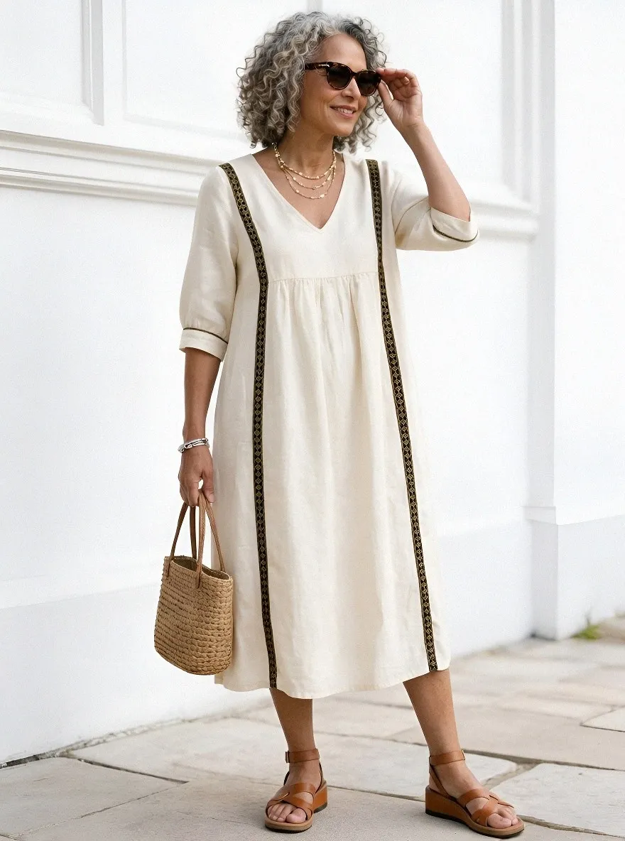 Women's Summer Vacation Navy Blue Embroidered Trim Linen Midi Dress