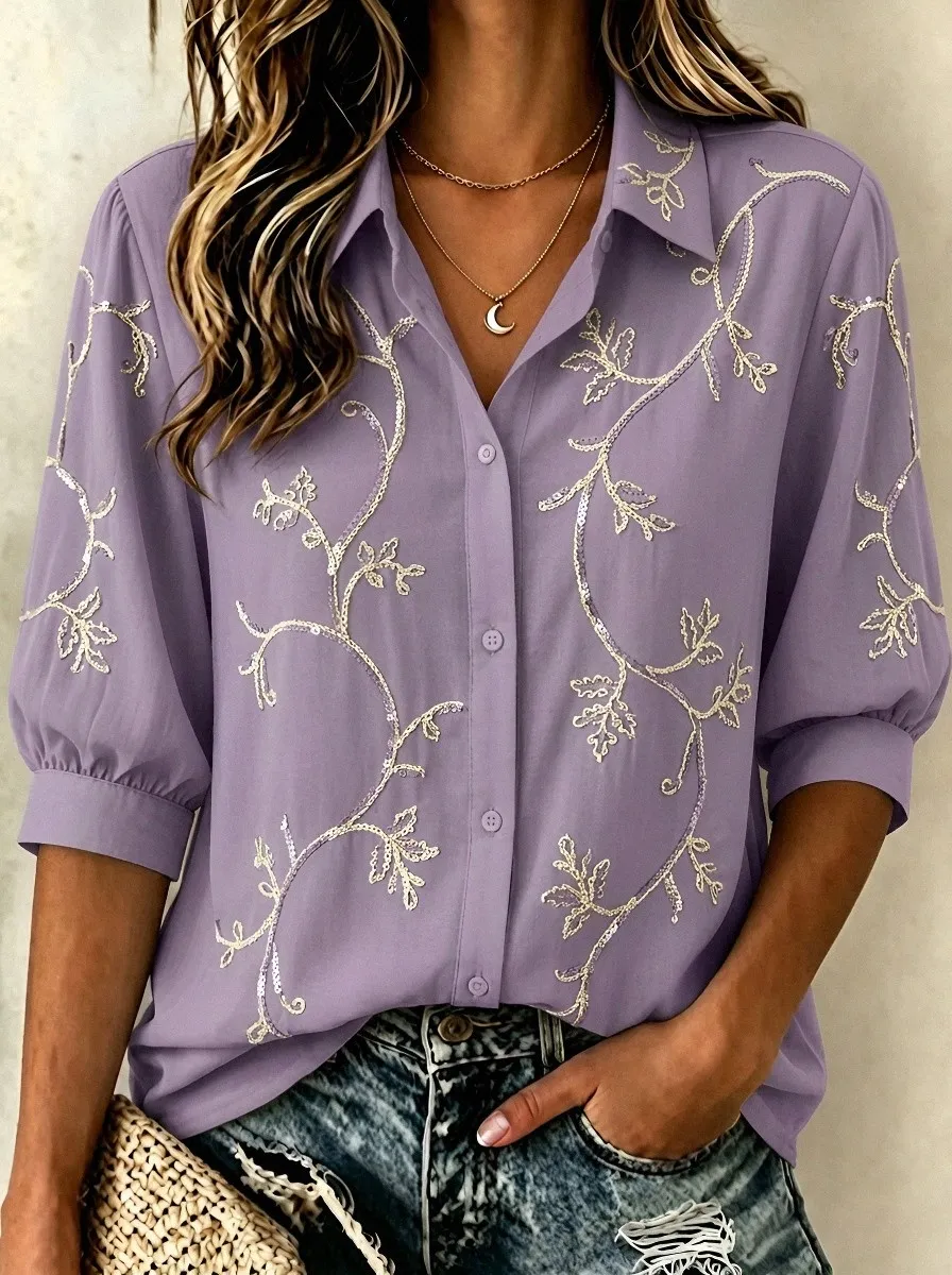 Women's Breast Cancer Awareness Floral Vine Embroidered Button-up Shirt