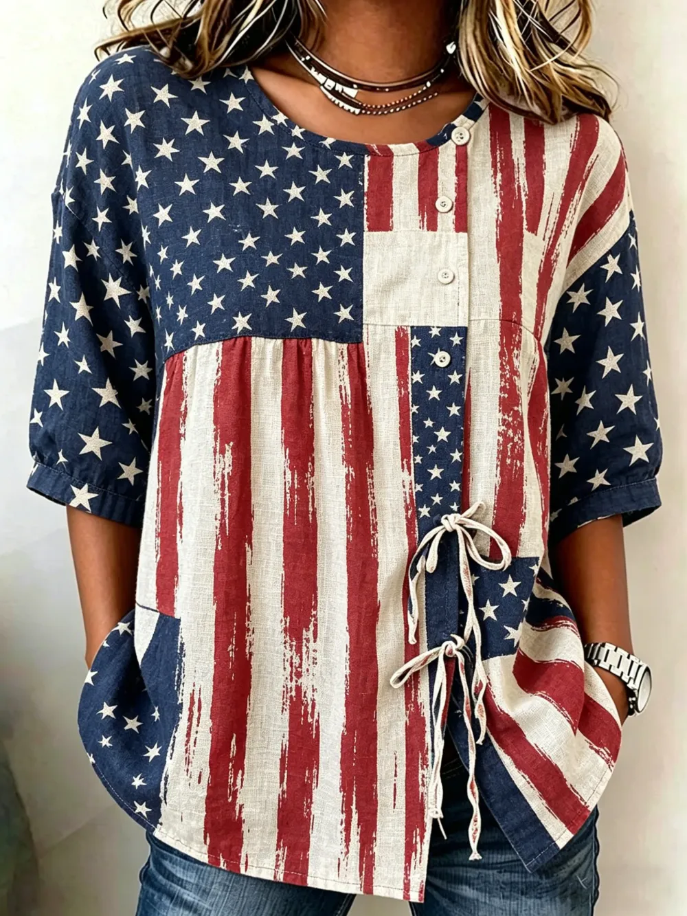 Women'S Retro Independence Day Flag Art Casual Short Sleeved Shirt