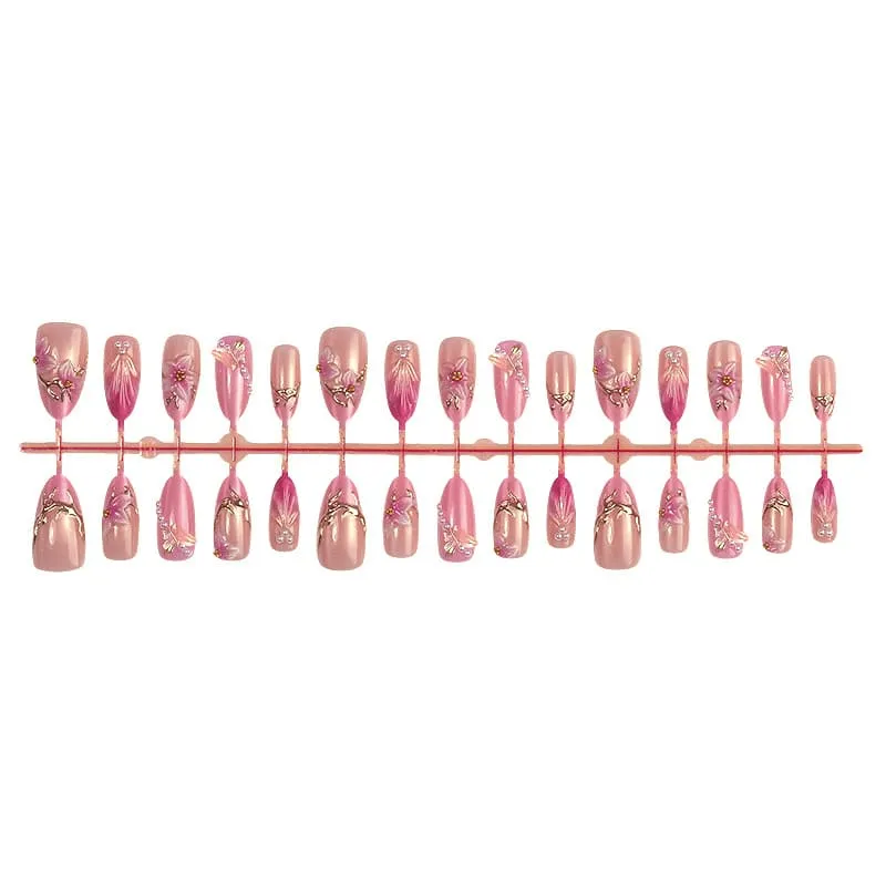 Nailhour 30Pcs Floral 3D Medium Cat Eye Almond French Press On Nails