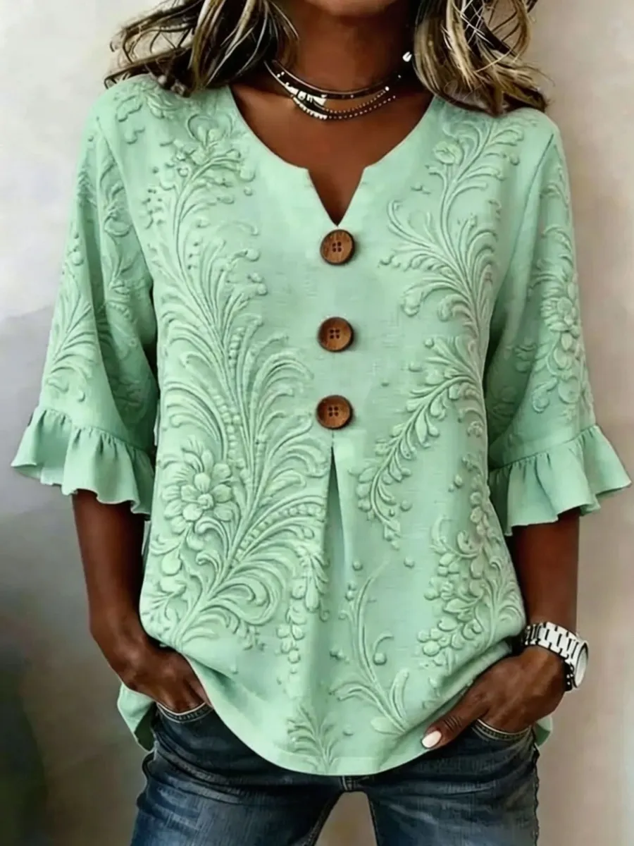Elegant Floral Print Women's Linen Shirt