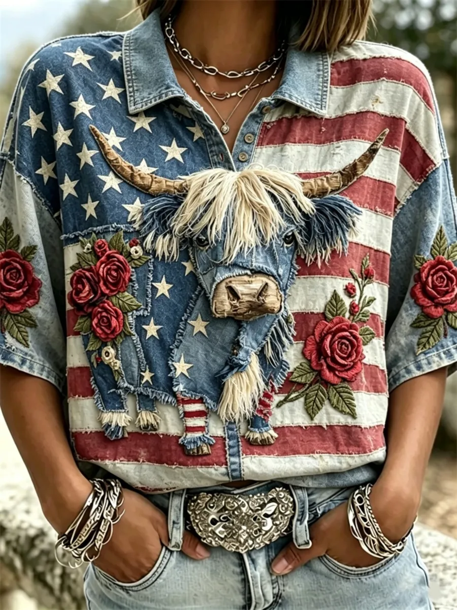 Women's American 250th Anniversary Highland Cattle Print Polo Shirt