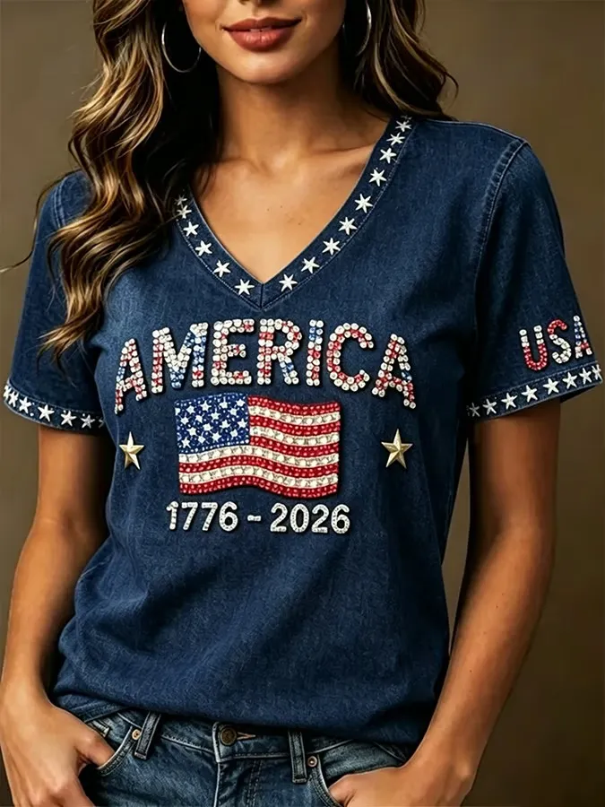 Women'S Casual Retro American Independence Day Patriotic Printed Short Sleeved T-Shirt