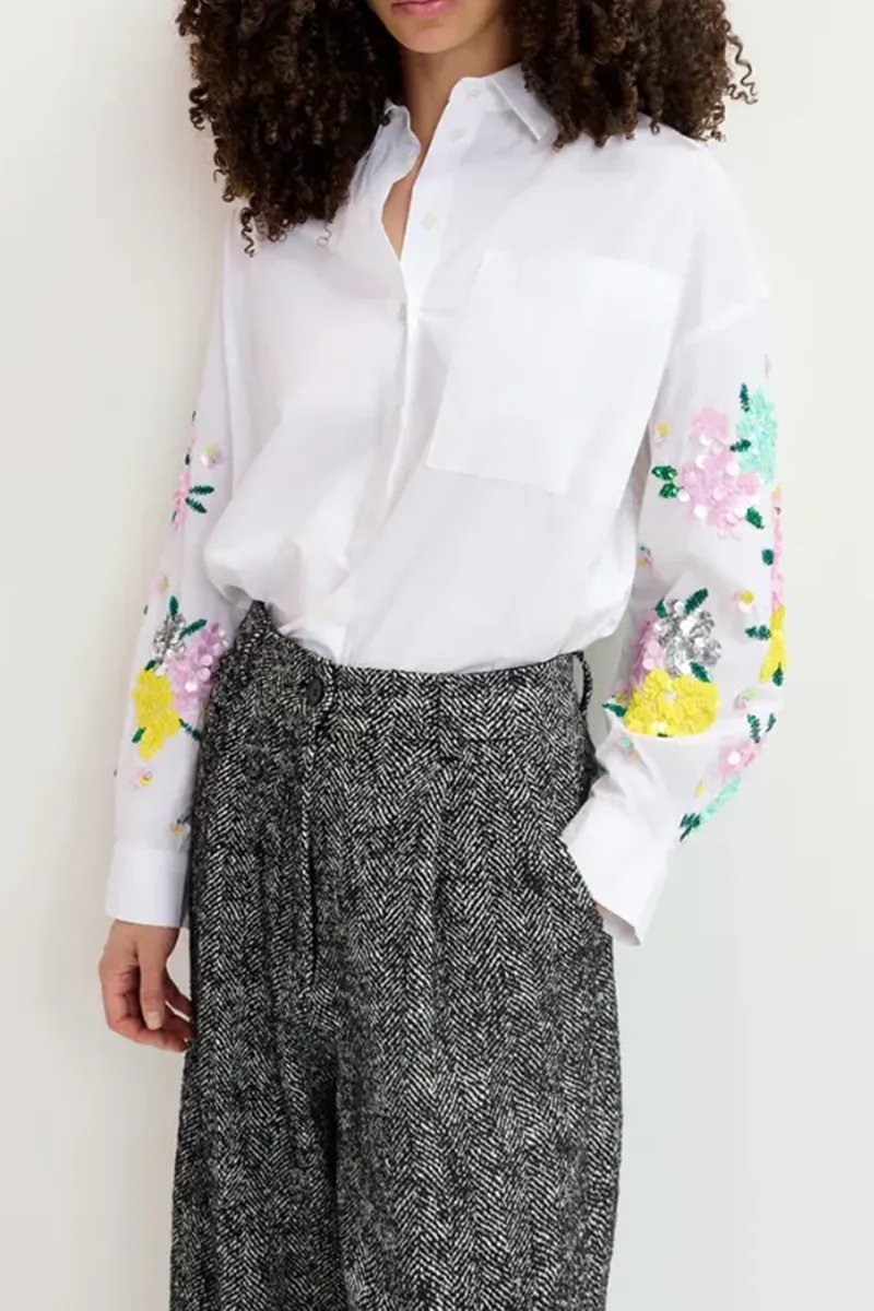 Floral Embroidered Pocketed White Shirts