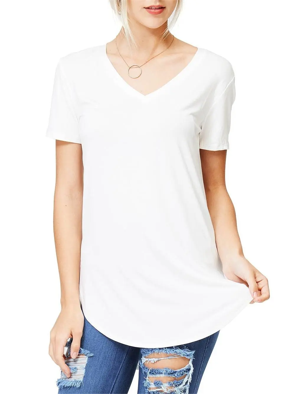 Burgundy Round - Hem V - Neck T - Shirt