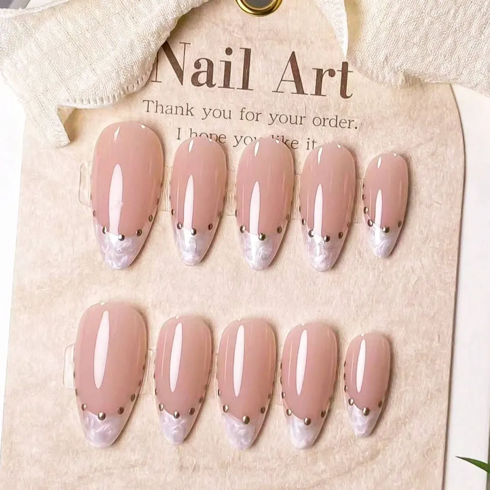 Nailhour 10Pcs Handmade French Medium Almond Rhinestone Nude Press On Nails