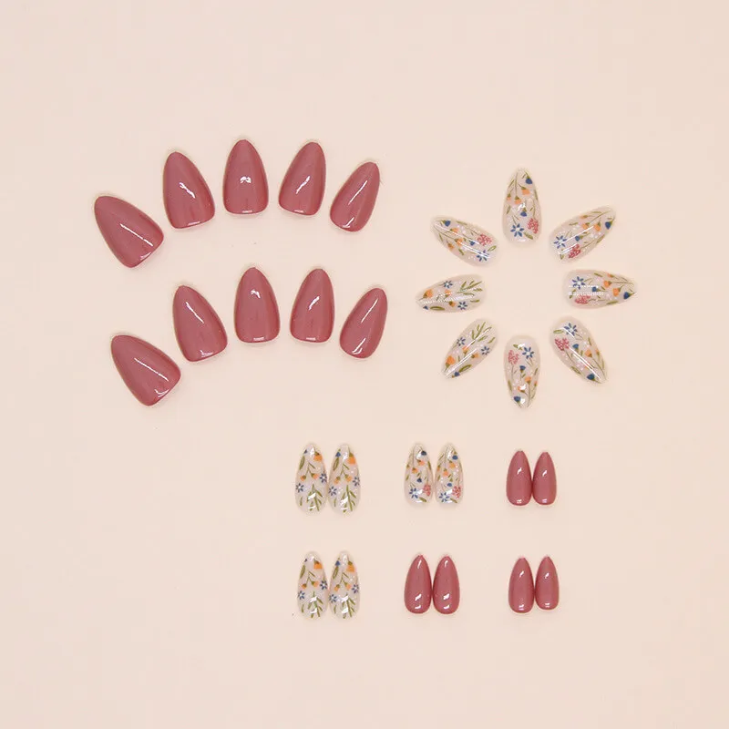 Nailhour 30Pcs Pink Floral Short Almond Press On Nails