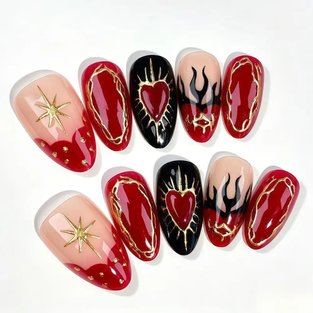 Nailhour 30Pcs Dark Heart 3D Medium Almond French Press On Nails