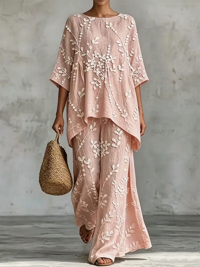 Elegant Lace Floral Print Flowing Linen Robe And Wide Leg Pants Set