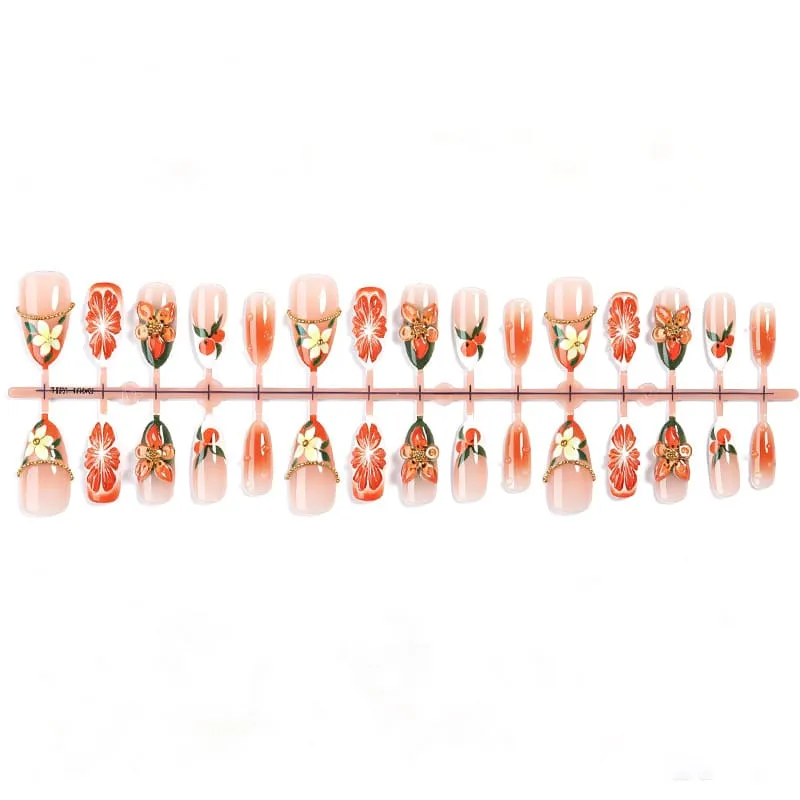 Nailhour 30Pcs 3D Orange Floral Autumn Medium Almond Press On Nails