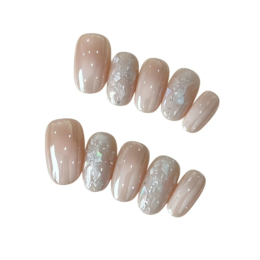 Nailhour 10Pcs Glitter French Minimalist Nude Date Medium Squoval Press On Nails