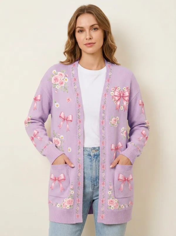 Women's Breast Cancer Awareness Pink Bow Floral Printed Cardigan