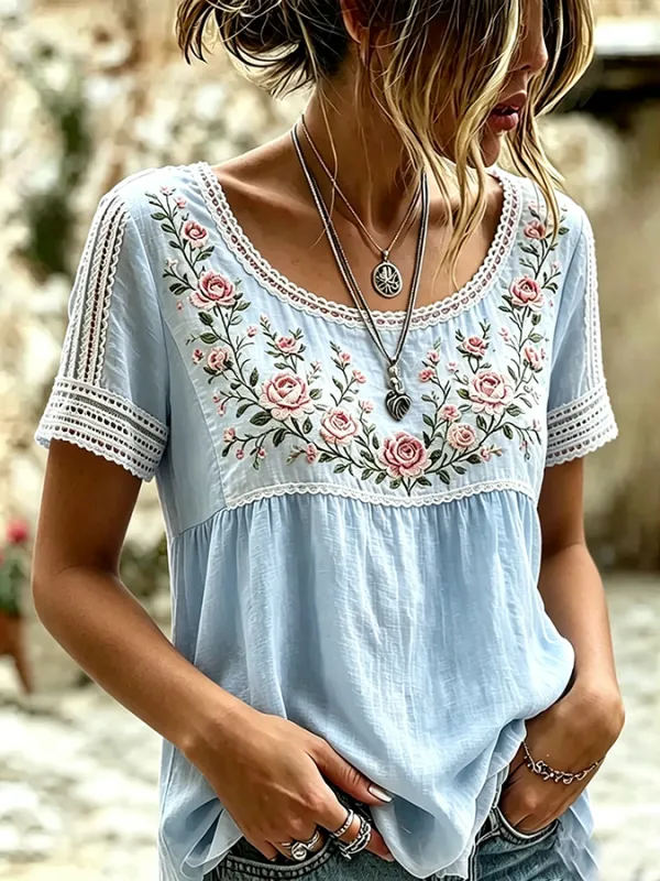 Women'S Casual Printed Cotton And Linen Round Neck Top