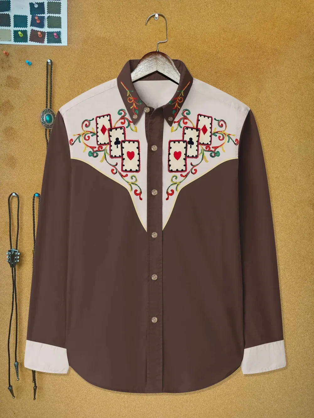 Vintage Western Cowboy Poker Printed Hawaiian Shirt For Men Button-Down Shirt Long Sleeve 100% Cotton Shirt