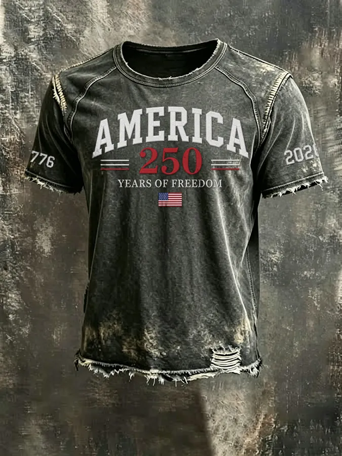 Men'S 250th Anniversary  Casual Washed Cotton And Linen Raglan Short Sleeved T-Shirt