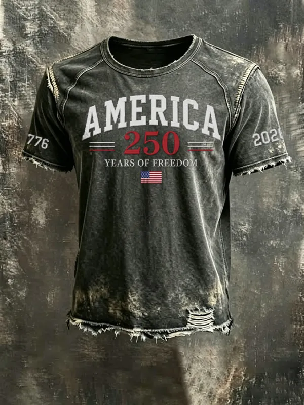 Men'S 250th Anniversary  Casual Washed Cotton And Linen Raglan Short Sleeved T-Shirt
