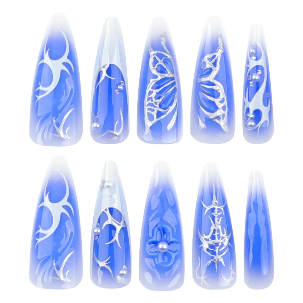 Nailhour 24Pcs 3D Blue Butterfly Long Press On Nails
