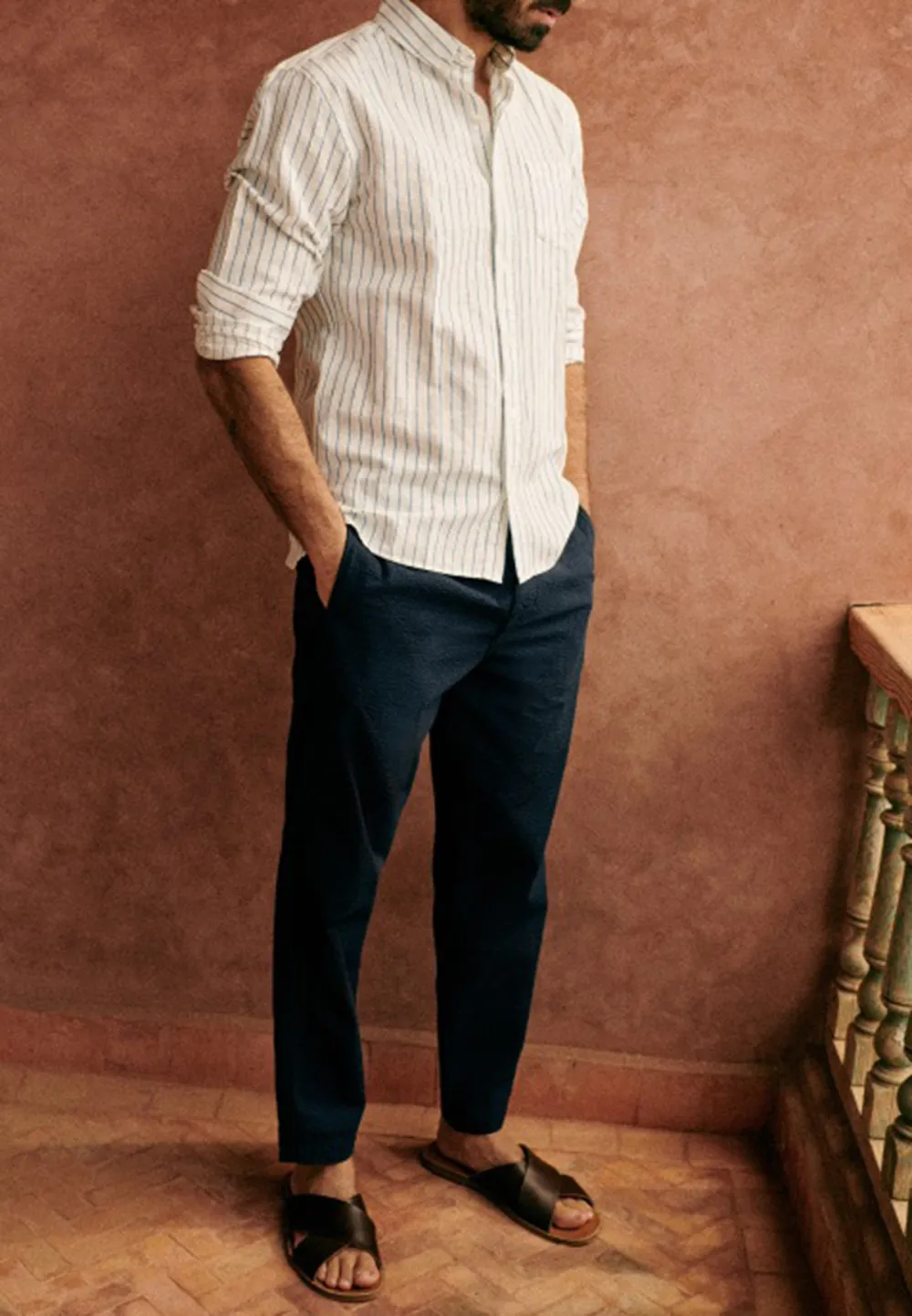 Cotton Linen  Shirt-White Blue Stripes