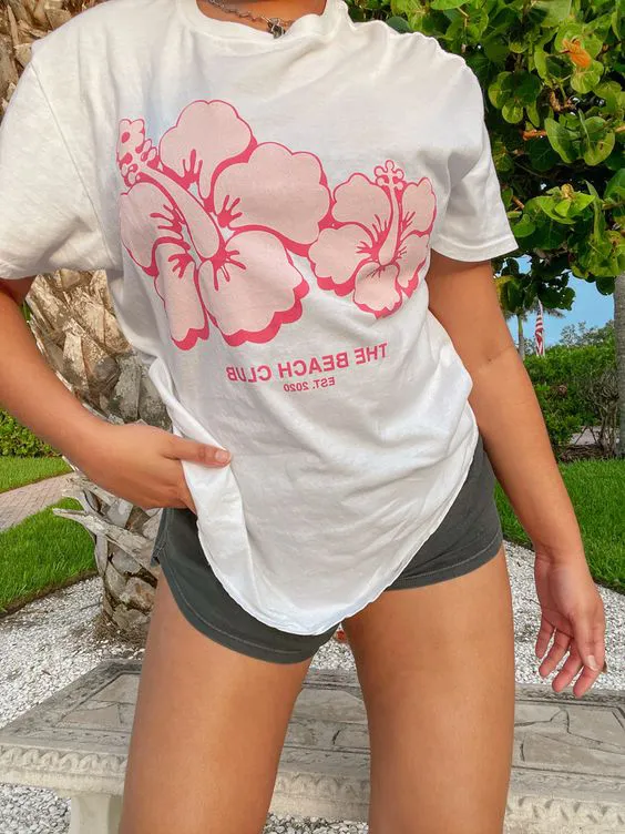 Women's Pink Large Flower Print T-Shirt