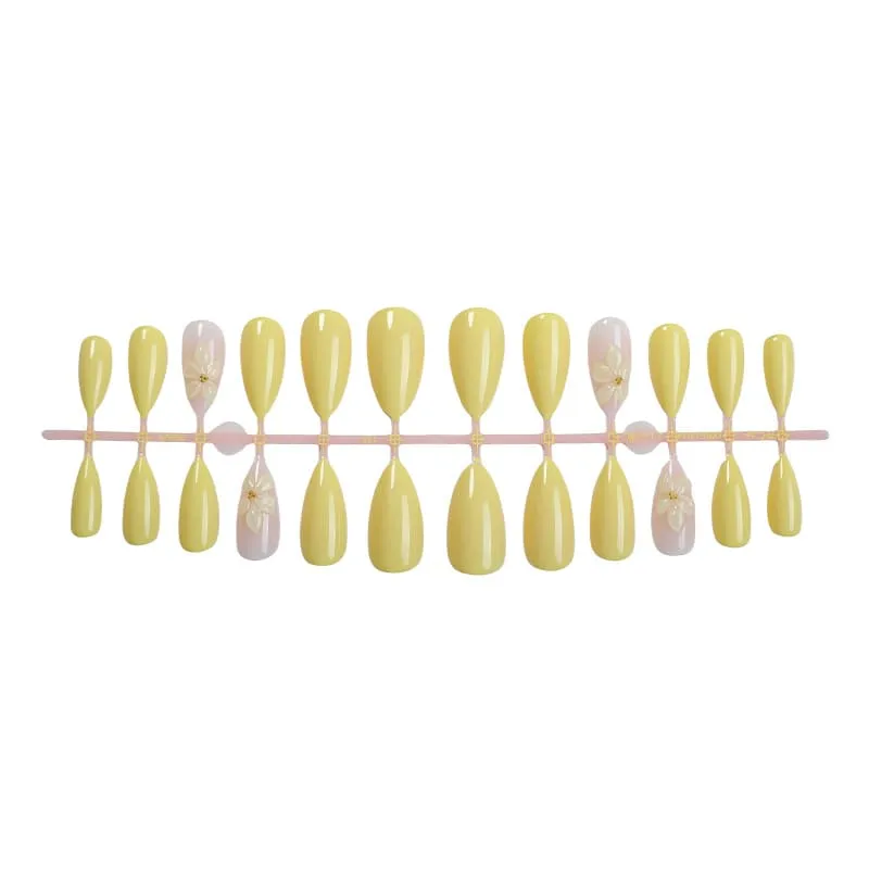 Nailhour 24Pcs Yellow 3D Medium Almond French Floral Press On Nails