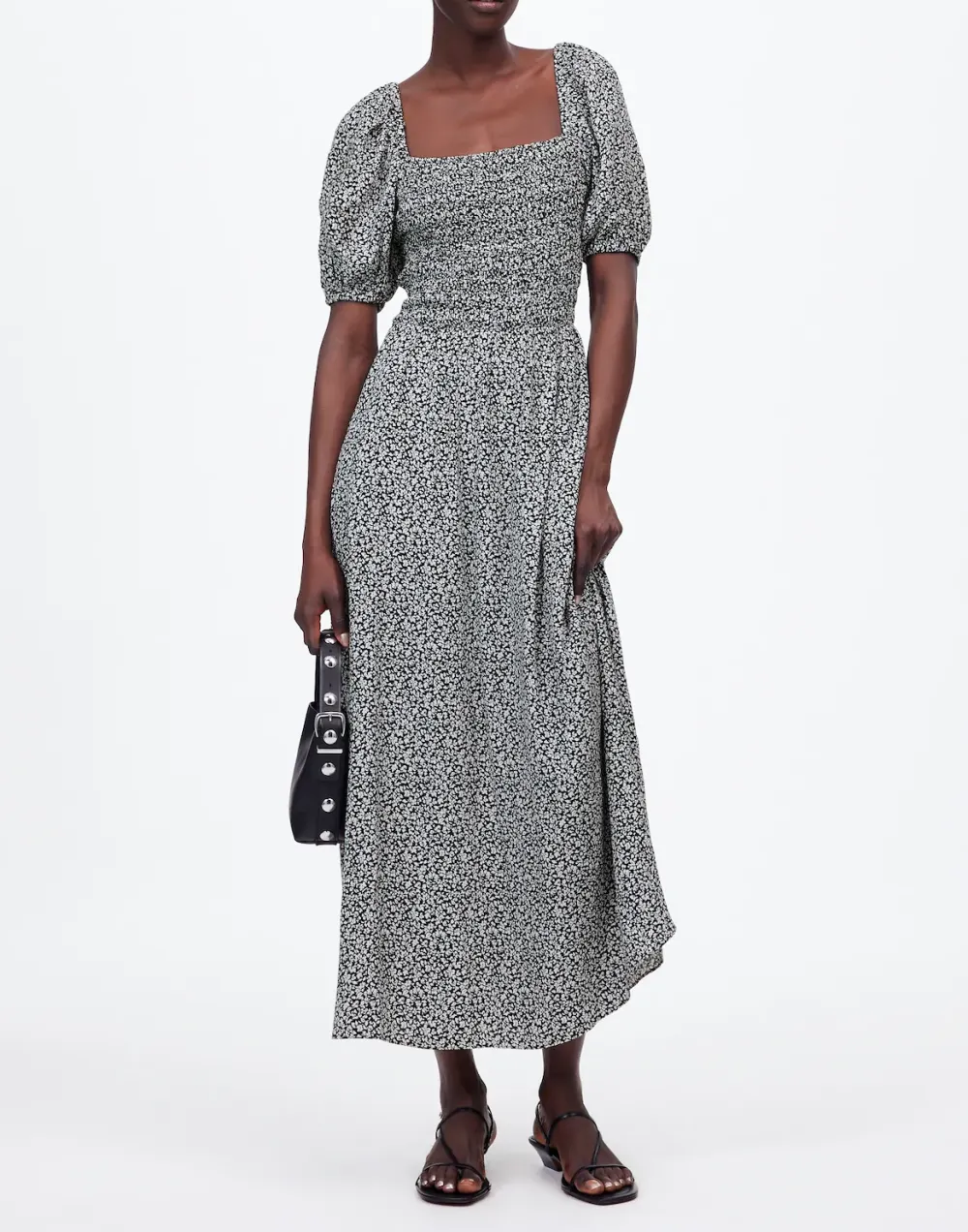 Smocked Puff-Sleeve Midi Dress In Floral