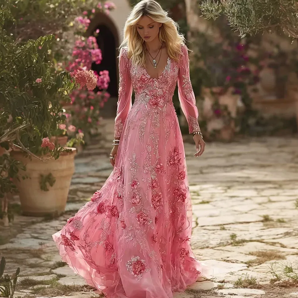 Vintage Boho Roses Embroidered Flowy Linen Maxi Dress - butterflyoo