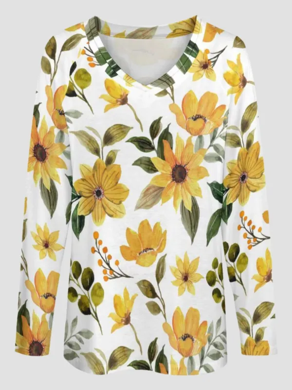 Sunflower Print V-Neck T-Shirt