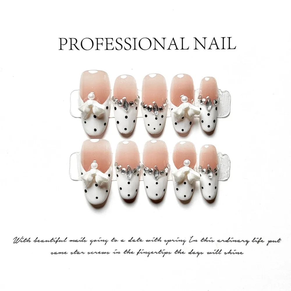 Nailhour 10Pcs Rhinestone Long Almond French Press On Nails