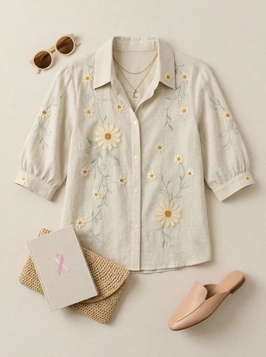 Women's Breast Cancer Awareness Daisy Floral Embroidered Printed Shirt