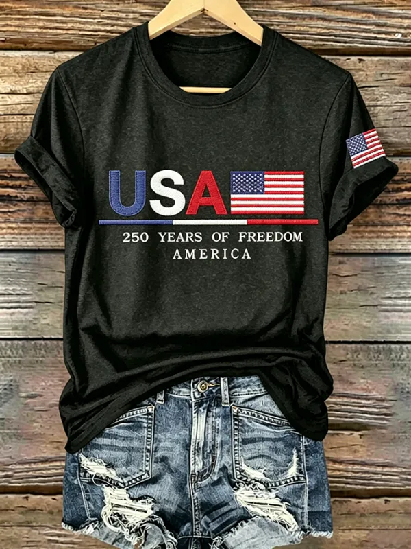 Embroidered Printed Round Neck Short Sleeved T-Shirt Commemorating The 250Th Anniversary Of The United States