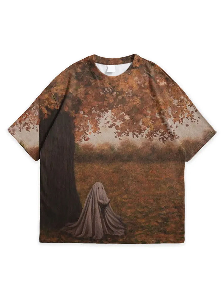 Men'S Halloween Vintage Fallen Leaves Art Print Simple Round Neck Top Tshirt