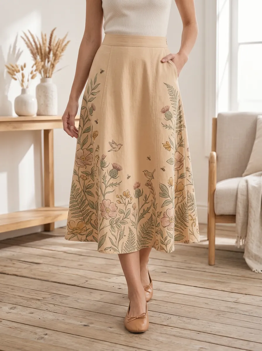 Women's Botanical Nature Lover Thistle Floral Bird Printed Midi Skirt