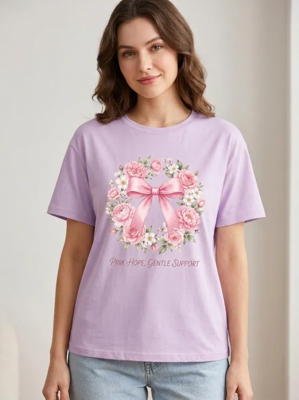 Women's Breast Cancer Awareness Floral Ribbon Printed T-shirt