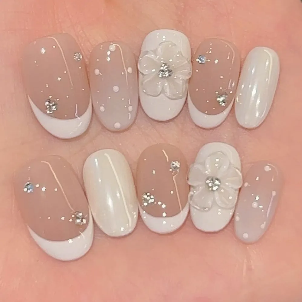 Nailhour 10Pcs French White Rhinestone Medium Oval Press On Nails